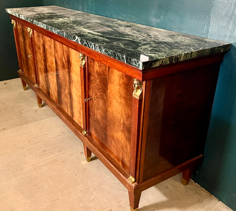 Midcentury French Empire Style Enfilade Cabinet / Buffet With Marble Top & Brass Accents