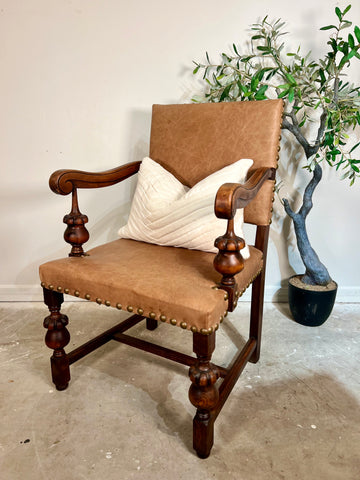 Antique Spanish Leather Armchair w/ Nailhead Detail