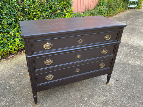 Antique French Three-Drawer Commode in Matte Black Painted Finish