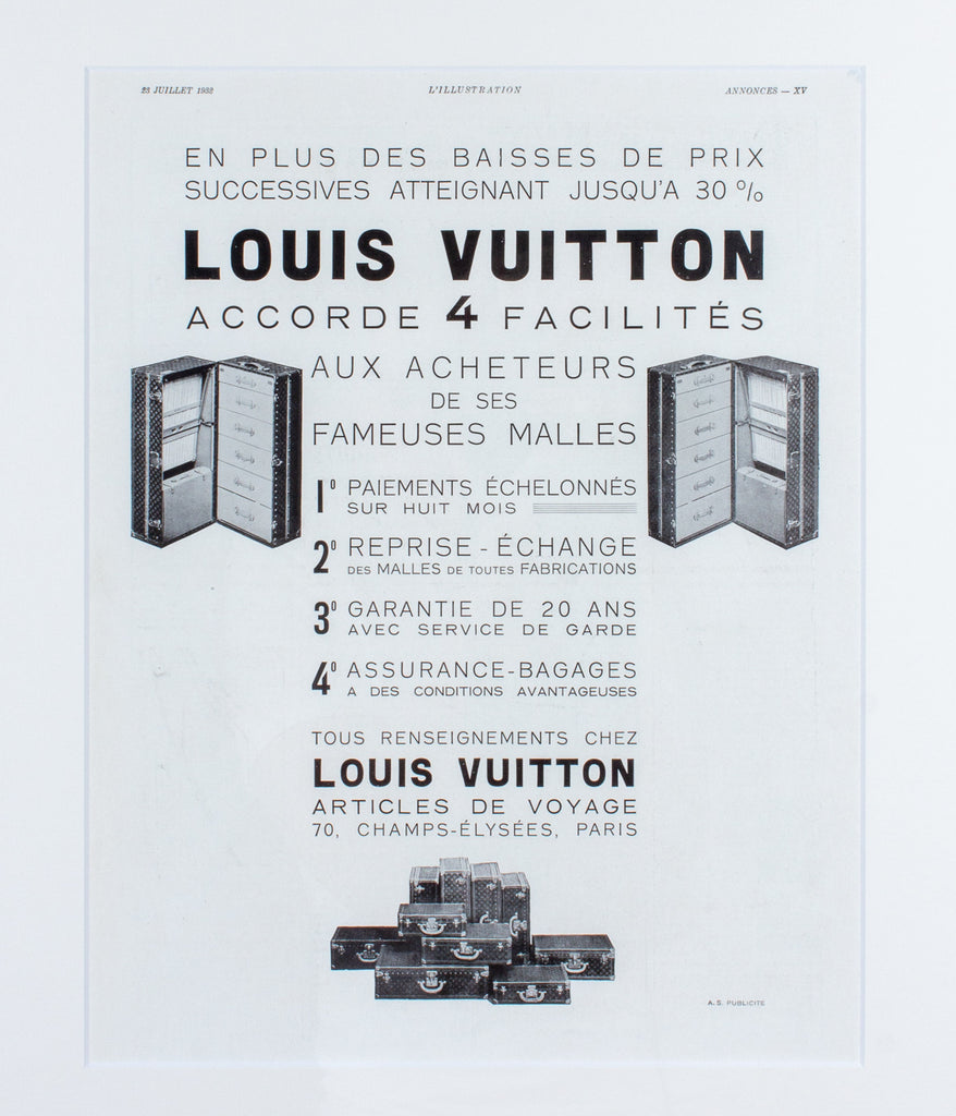 Vintage Advert, Advertisement or Publicity for Louis Vuitton Luxury Travel  Goods including Leather Suitcases or Luggage at the Louis Vuitton Shop on  the Champs Elysees Paris 1931 Stock Photo - Alamy