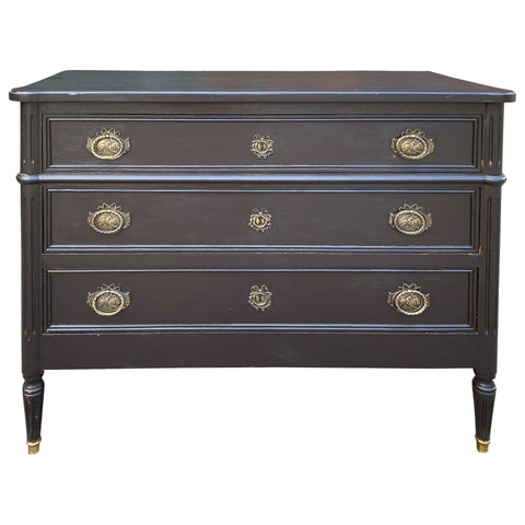 Antique French Three-Drawer Commode in Matte Black Painted Finish